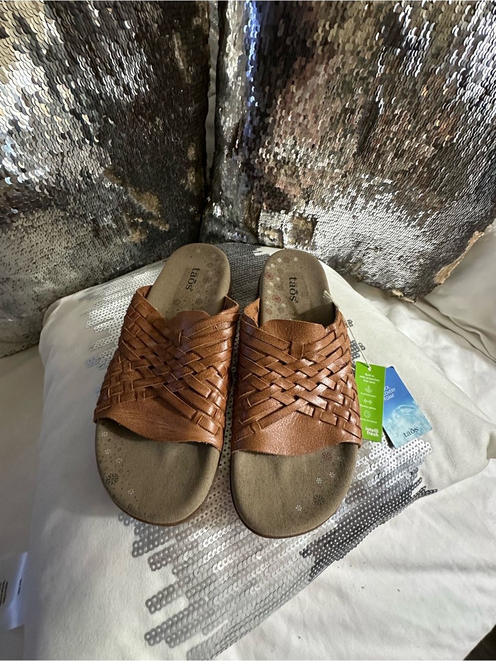 Taos Footwear Tan Woven Leather Slide Mules